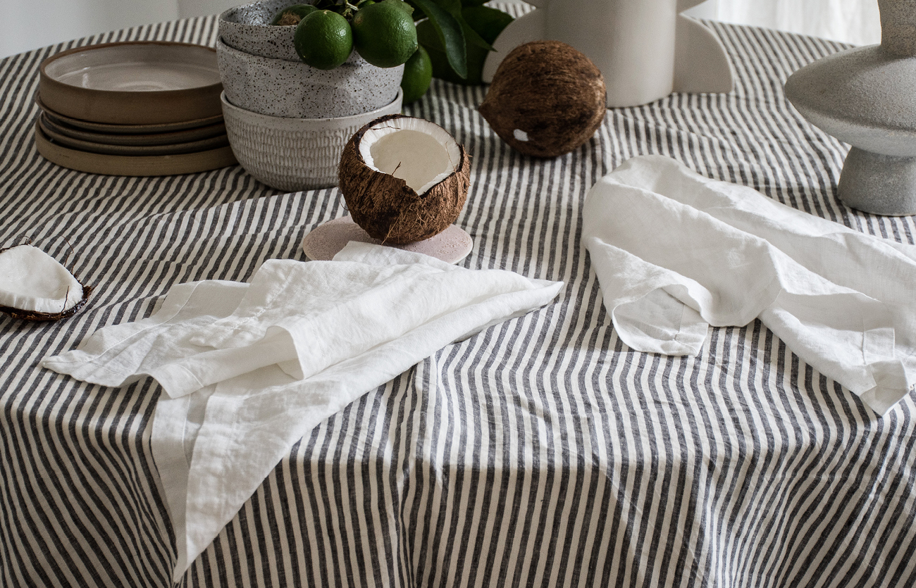 Charcoal Stripe French linen table cloth